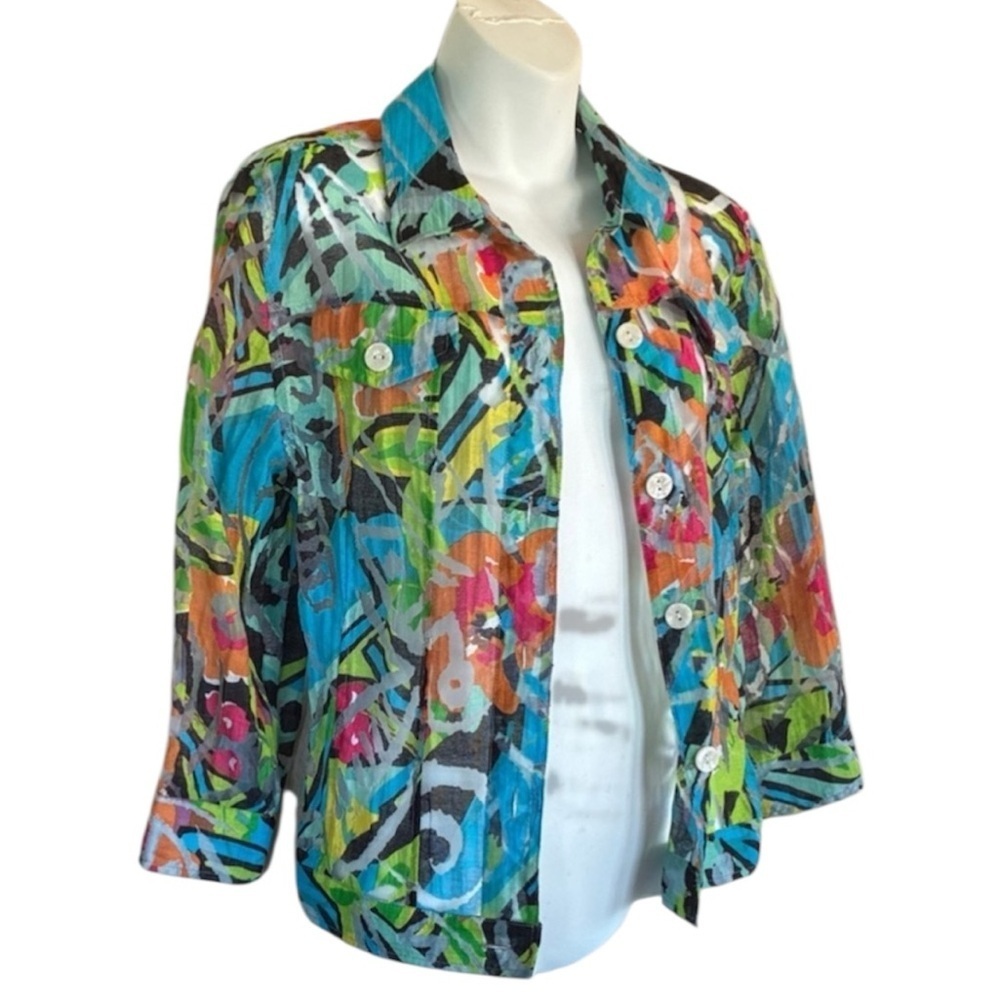 Linear Jacket, Women M EUC Colorful Sheer Abstract, Shell Buttons, 3/4 Sleeves